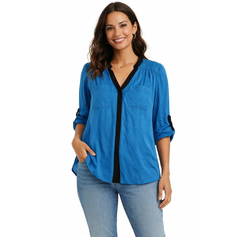 Sejour Blouse Womens 14W Blue Black Trim Casual Button Up Workwear